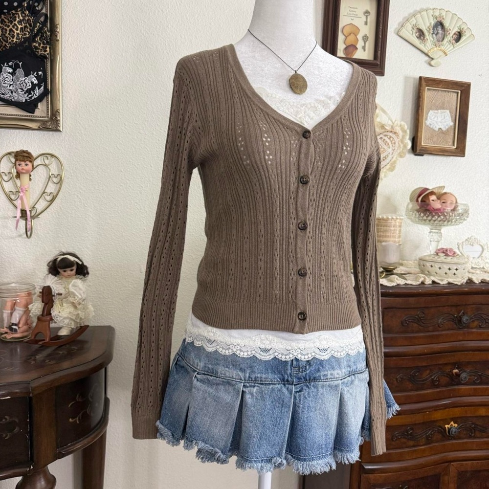 fairy grunge boho brown cropped cardigan - Picture 3 of 5